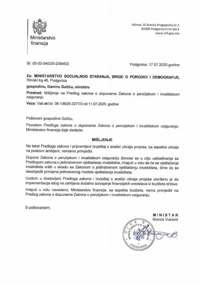 Mišljenje na Zakon o penzijskom i invalidskom osiguranju