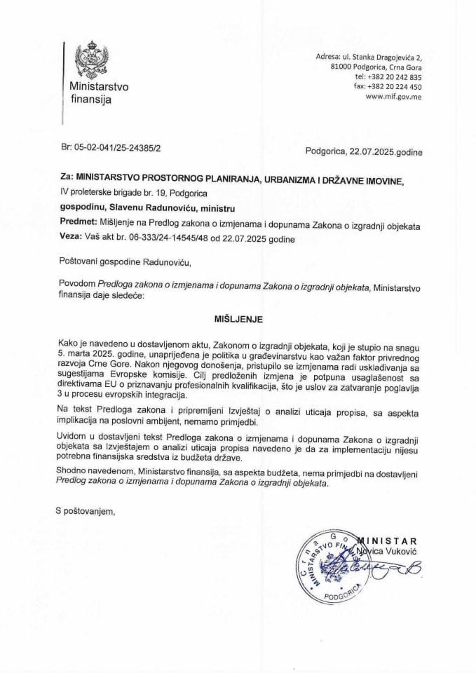 Mišljenje na Predlog zakona o izmjenama i dopunama Zakona o izgradnji objekata