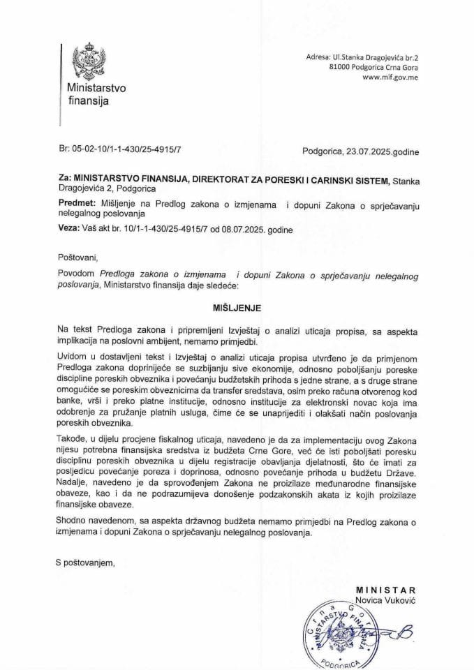 Mišljenje na Predlog zakona o izmjenama i dopunama Zakona o sprjecavanju neleganog poslovanja