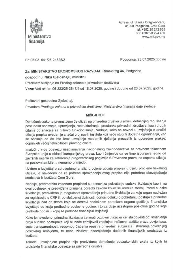 Mišljenje na Predlog zakona o privrednim drustvima