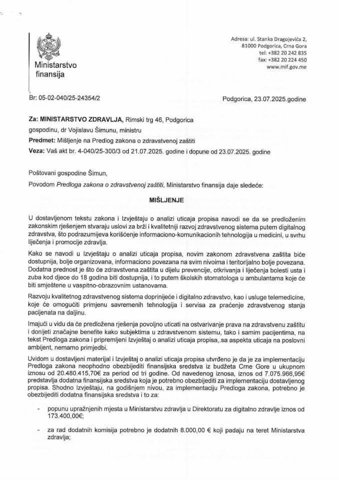 Mišljenje na Predlog zakona o zdravstvenoj zastiti