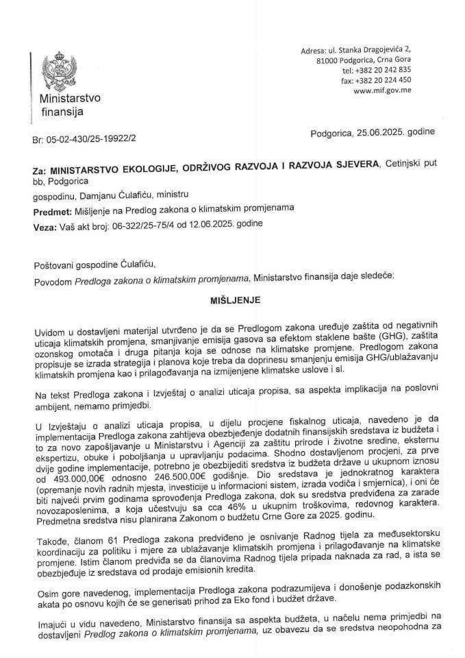 Mišljenje na Predlog zakona o klimatskim promjenama