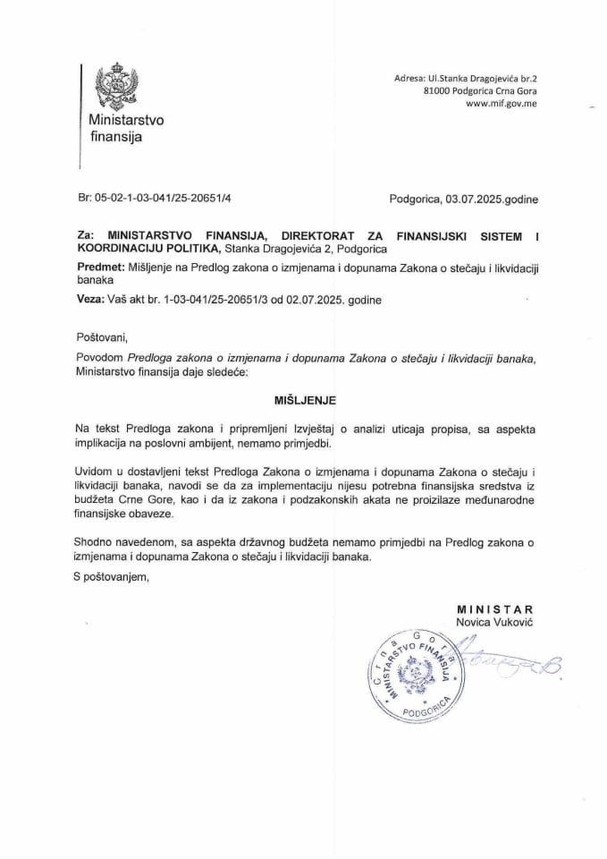 Mišljenje na Predlog zakona o izmjenama i dopunama Zakona o sanciji