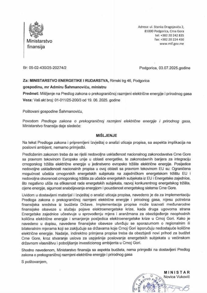 Mišljenje na Predlog zakona o prekogranicnoj razmjeni elektricne energije i prirodnog gasa