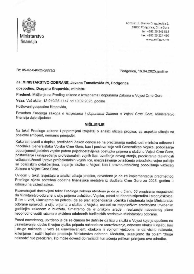 Mišljenje na Predlog zakona o izmjenama Zakona o Vojsci