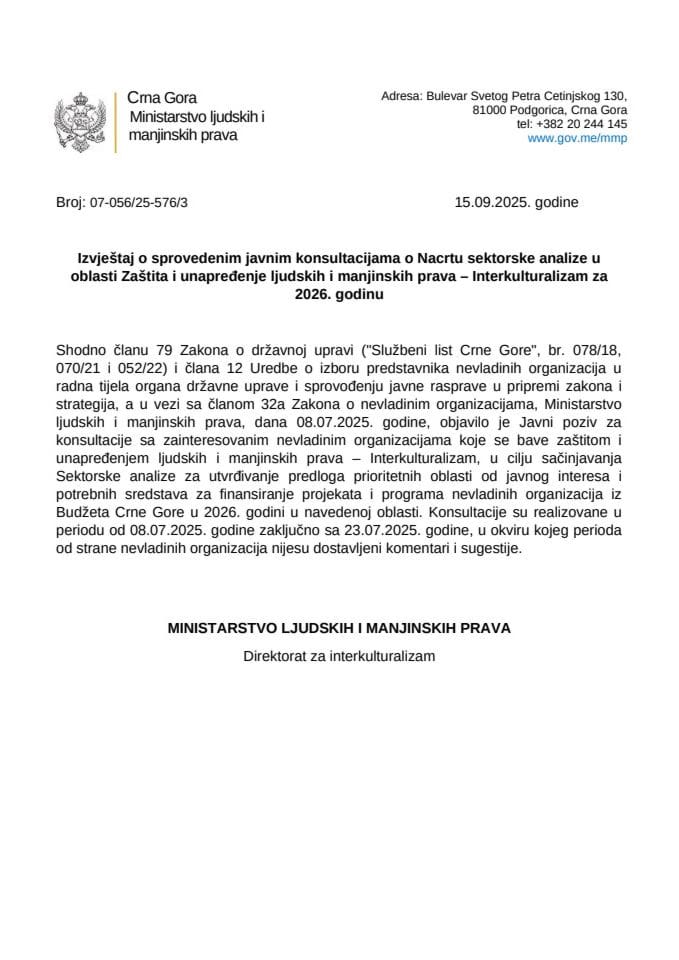 Izvještaj o sprovedenim javnim konsultacijama o Nacrtu sektorske analize u oblasti Zaštita i unapređenje ljudskih i manjinskih prava – Interkulturalizam za 2026.