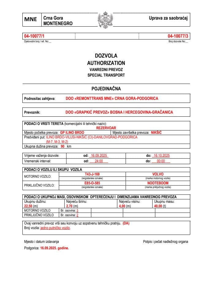 REMONTTRANS MNE 04-10077-GRAPKIĆ PREVOZ
