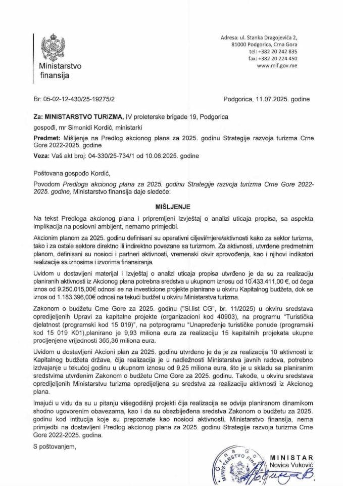 Mišljenje na Predlog akcionog plana za 2025. godinu Strategije razvoja turizma Crne Gore 2022-2025. godine