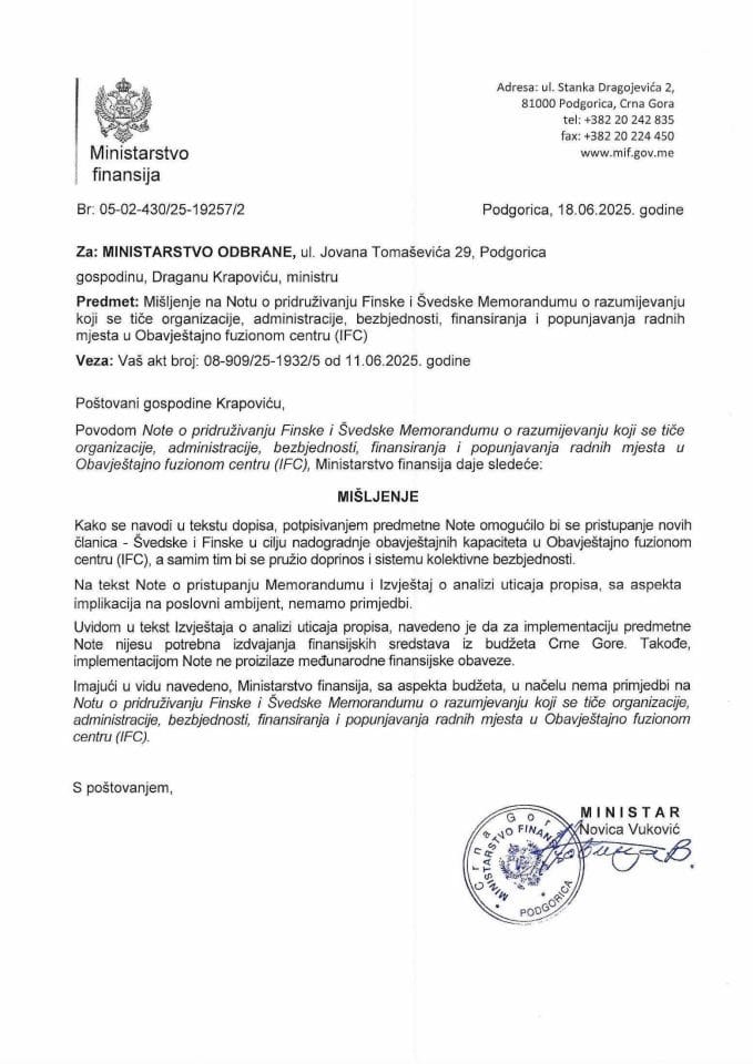 Mišljenje na Notu o pridruživanju Finske i Švedske Memorandumu koji se tiče organizacije, administracije, bezbjednosti u Obavještajno fuzionom centru (IFC)