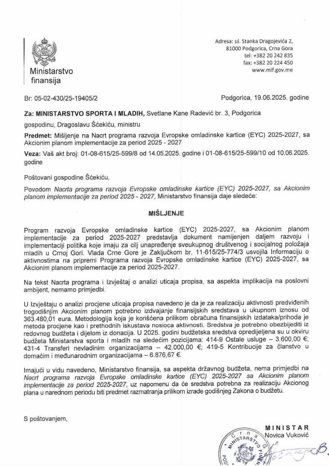 Mišljenje na Program razvoja Evropske omladinske kartice (EYC) 2025-2027 sa Akcionim planom implementacije za period 2025-2027