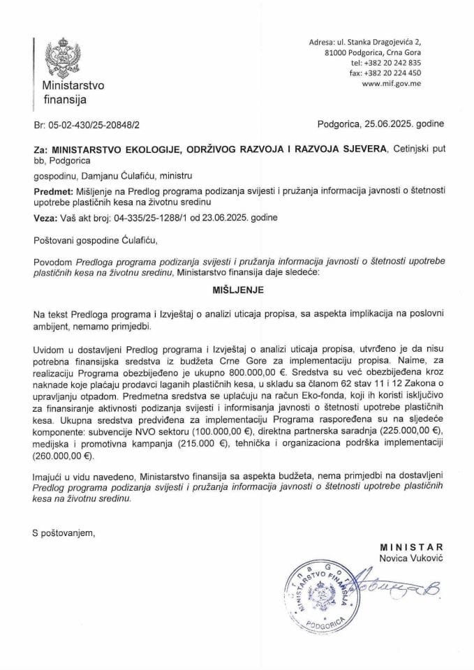 Mišljenje na Program podizanja svijesti i pružanja informacija javnosti o štetnosti upotrebe plastičnih kesa na životnu sredinu