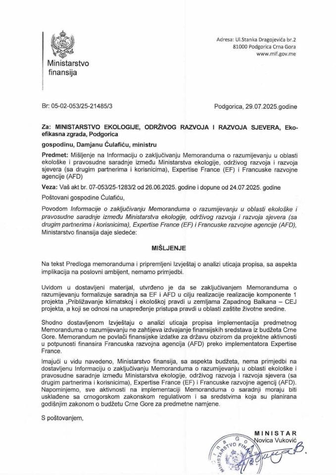 Mišljenje na Informaciju o zaključivanju Memoranduma o razumijevanju između MEORRS Crne Gore , Expertise France i Francuske razvojn