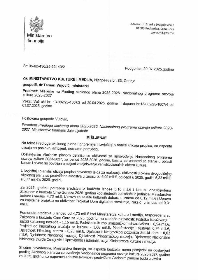 Mišljenje na Predlog Akcionog plana 2025-2026 Nacionalnog programa razvoja kulture 2023-2027