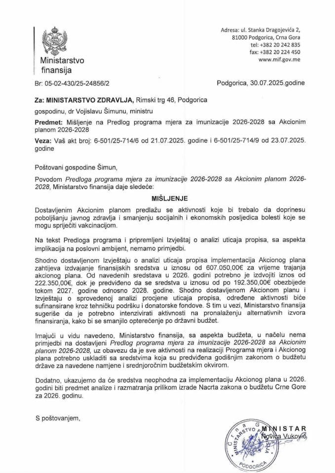 Mišljenje na Predlog programa mjera za imunizacije 2025-2027 sa Akcionim planom 2025-2027