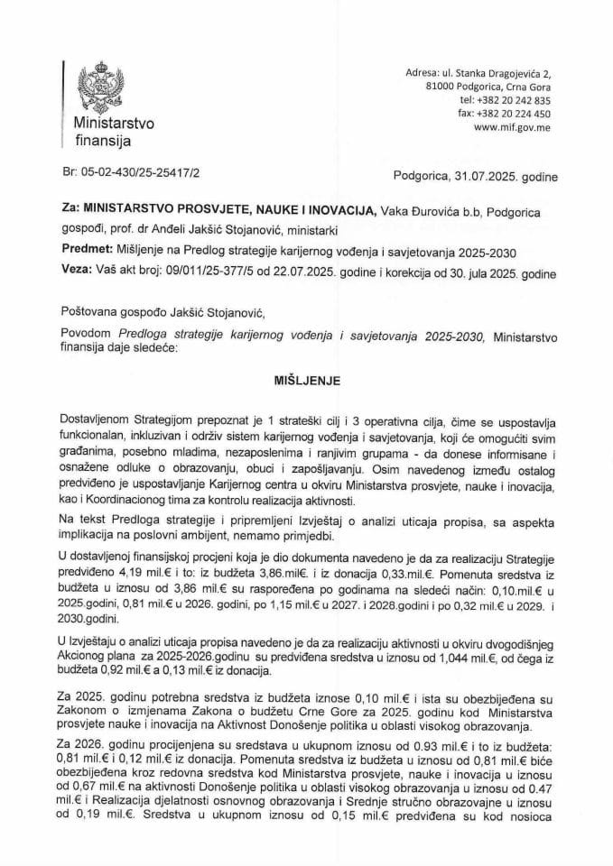 Mišljenje na Predlog strategije karijernog vođenja i savjetovanja 2025-2030