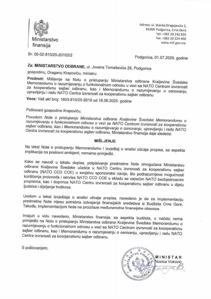 Mišljenje na Notu o pristupanju Ministarstva odbrane Kraljevine Švedske Memorandumu o razumijevanju o funkcionalnom odnosu u vezi sa NATO