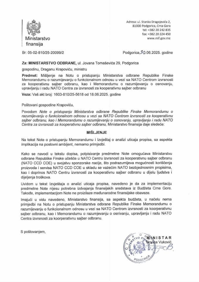 Mišljenje na Notu o pristupanju Ministarstva odbrane Republike Finske Memorandumu o razumijevanju o funkcionalnom odnosu u vezi sa NATO