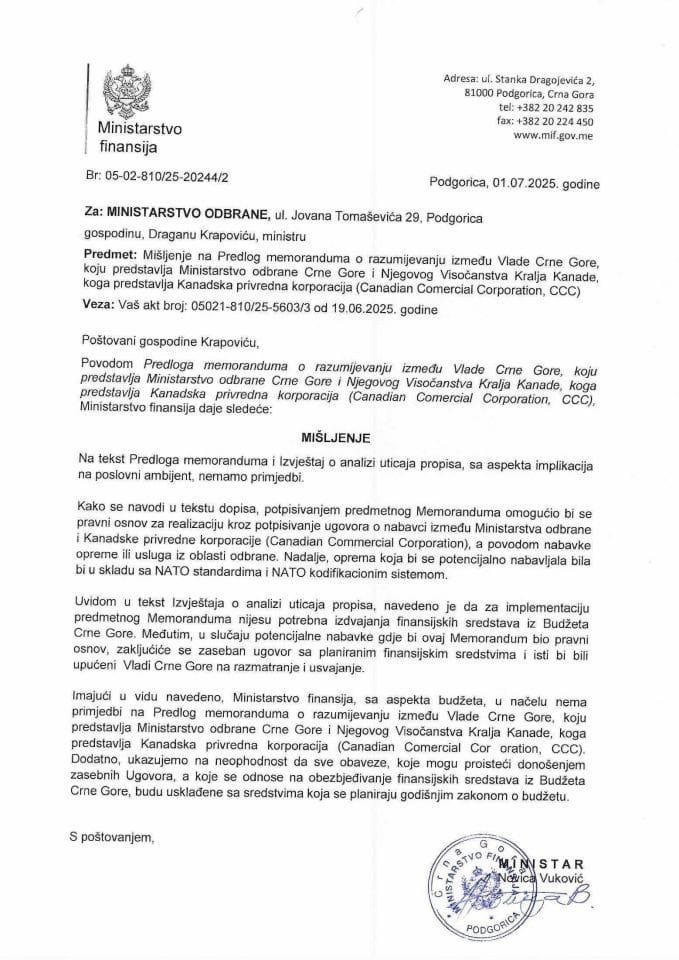 Mišljenje na Predlog memoranduma o razumijevanju između Vlade Crne Gore, koju predstavlja Ministarstvo odbrane Crne Gore i Njegovog Visočanstva Kralja Kanade