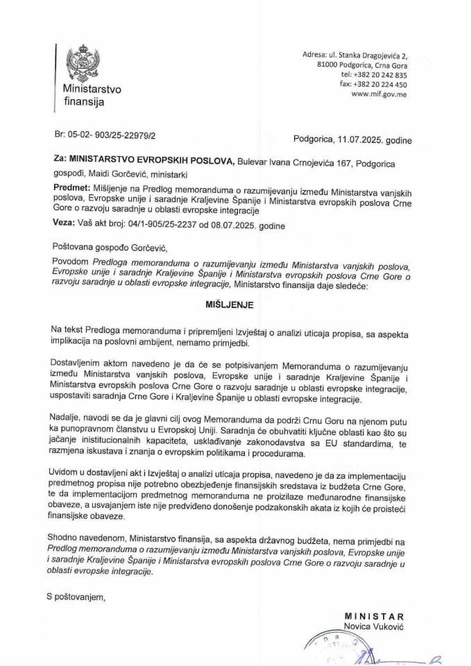 Mišljenje na Predlog memoranduma o razumijevanju MEP CG i MEP Španije