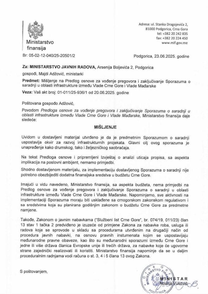 Mišljenje na Predlog osnove za vodjenje pregovora i zakljucivanje Sporazuma o saradnji u oblsti infrastrukture