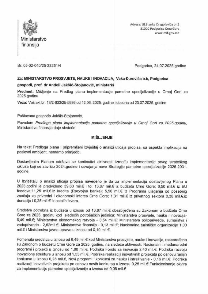 Mišljenje na Plan pametne specijalizacije