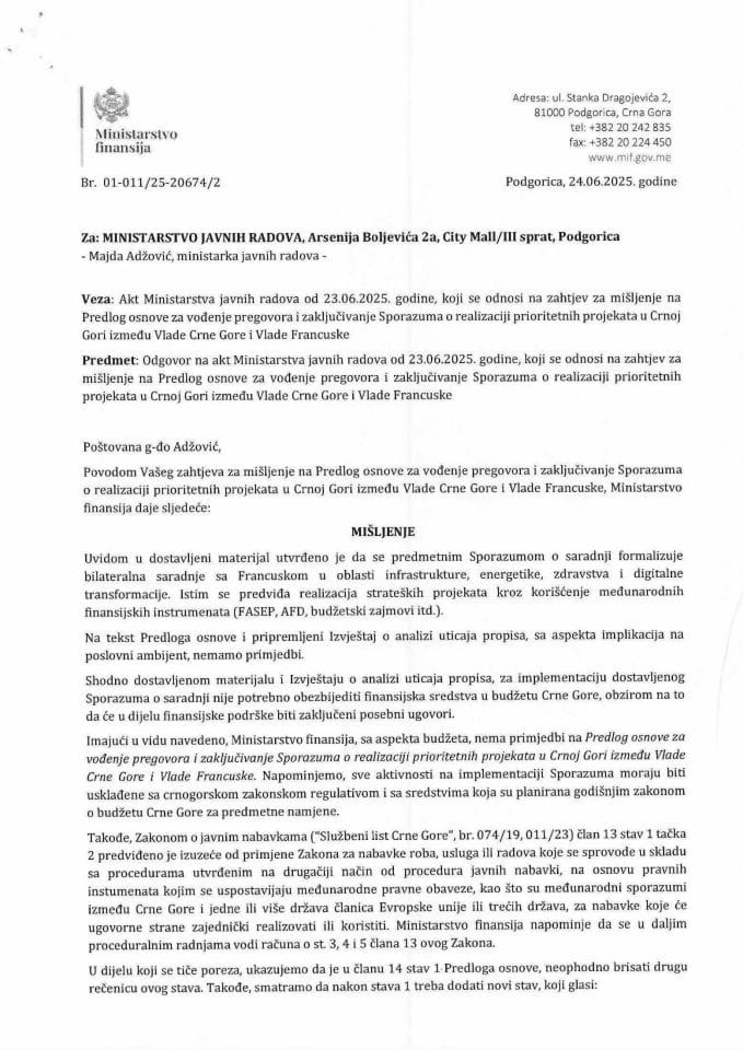 Mišljenje na Predlog osnove za vodjenje pregovora i zakljucivanje Sporazuma o realizaciji prioritetnih projekata