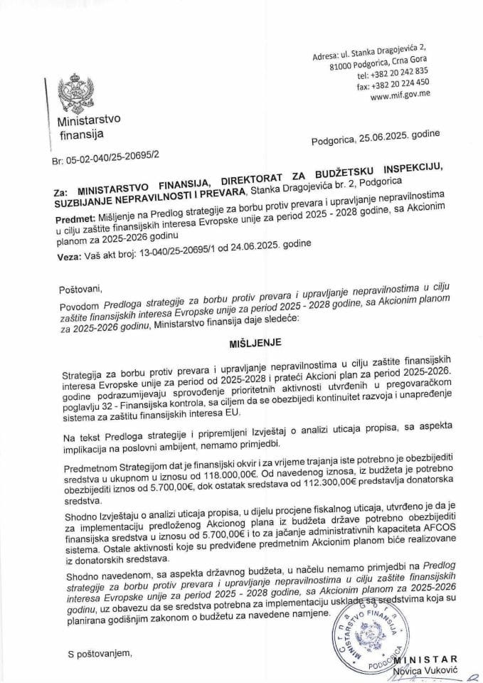 Mišljenje na Predlog strategije za borbu protiv prevara i upravljanje nepravinostima u cilju zaštite nepravilnostima