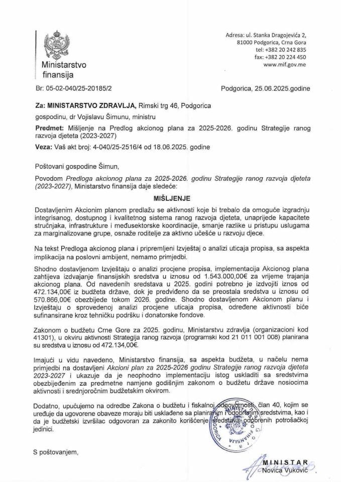 Mišljenje na Predlog AP za 2025 2026 Strategije ranog razvoja djeteta