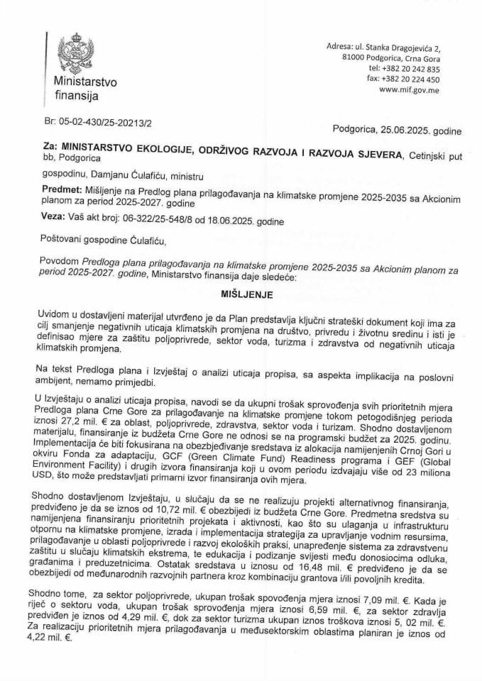 Mišljenje na Predlog plana prilagođavanja na klimatske promjene