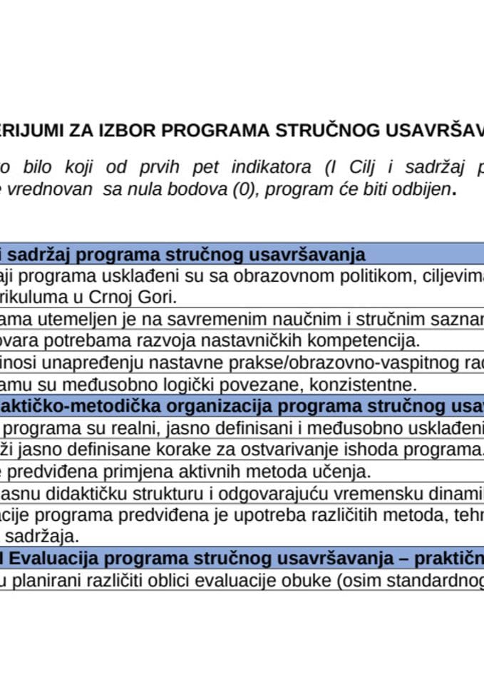 KRITERIJUMI ZA IZBOR PROGRAMA OBUKE