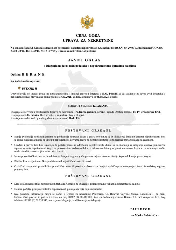 Javni oglas o izlaganju na javni uvid podataka o nepokretnostima i pravima na njima - Opština Berane (K.O. Petnjik II)