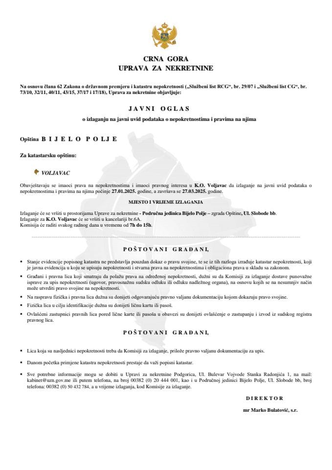 Javni oglas o izlaganju na javni uvid podataka o nepokretnostima i pravima na njima - Opština Bijelo Polje (K.O. Voljavac)