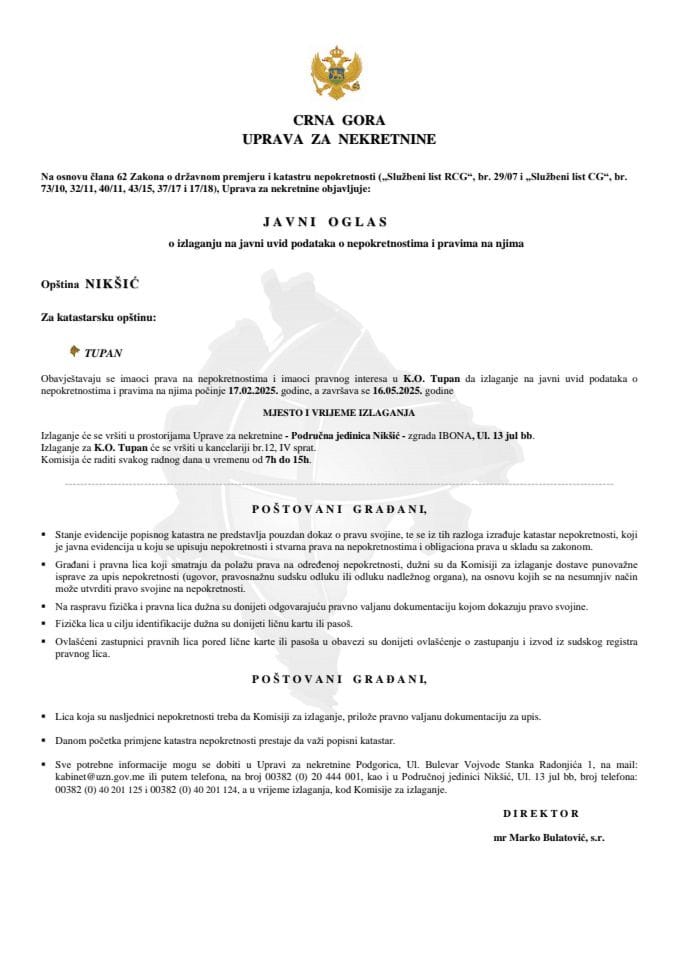 Јавни оглас о излагању на јавни увид података о непокретностима и правима на њима - Општина НИкшић (К.О. Тупан)