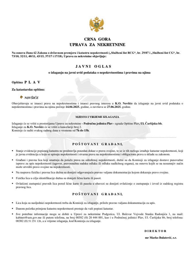 Javni oglas o izlaganju na javni uvid podataka o nepokretnostima i pravima na njima - Opština Plav (K.O. Novšiće)