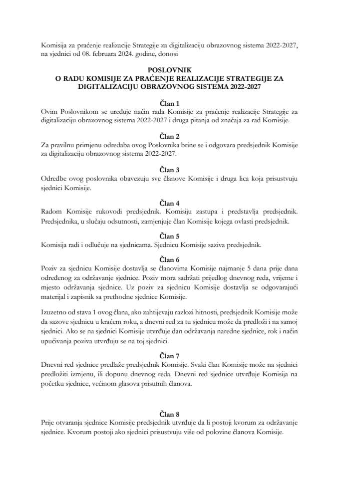 Poslovnik o radu Komisije za praćenje realizacije Strategije za digitalizaciju obrazovnog sistema 2022-2027