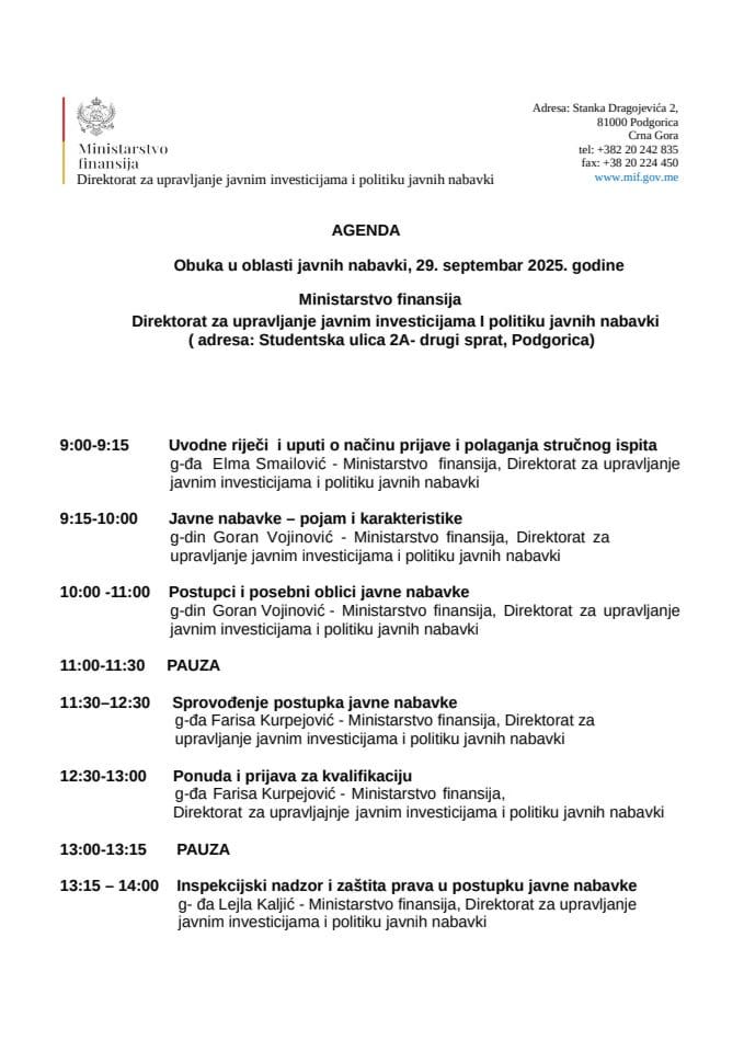 Агенда - Обука у области јавних набавки, 29. септембар 2025. године