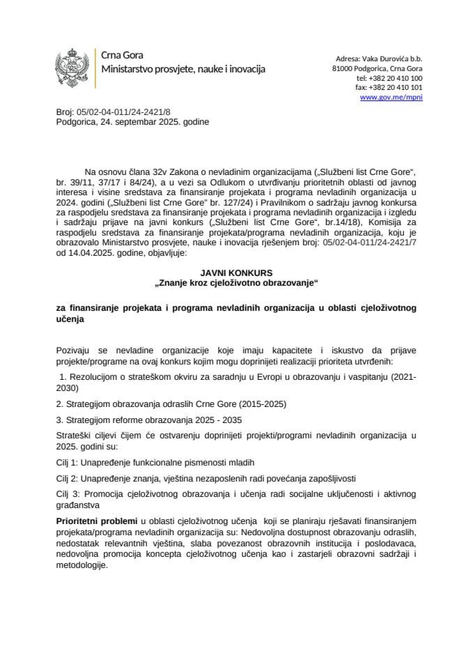 Javni Konkurs za NVO 2025 (cjeloživotno)