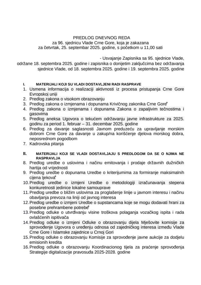 Predlog dnevnog reda za 96. sjednicu Vlade Crne Gore