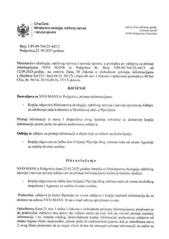 Рјешења - Слободан приступ информацијама - Рјешење по захтјеву МАНС-а УПИ-09-744-25-442-2