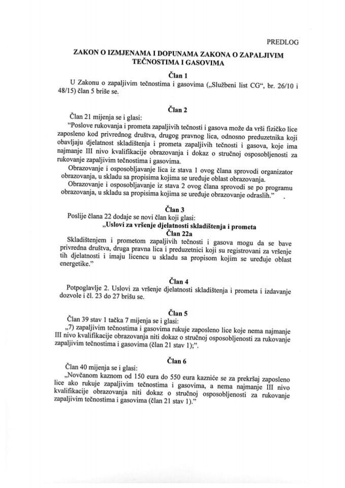 Predlog zakona o izmjenama i dopunama Zakona o zapaljivim tečnostima i gasovima