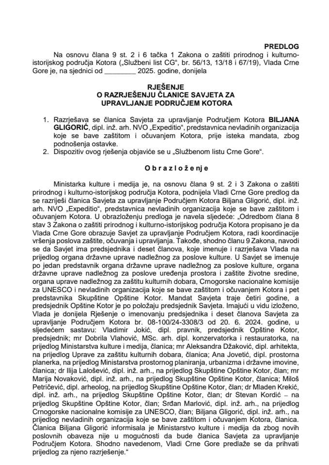 Predloga za razrješenje članice Savjeta za upravljanje Područjem Kotora