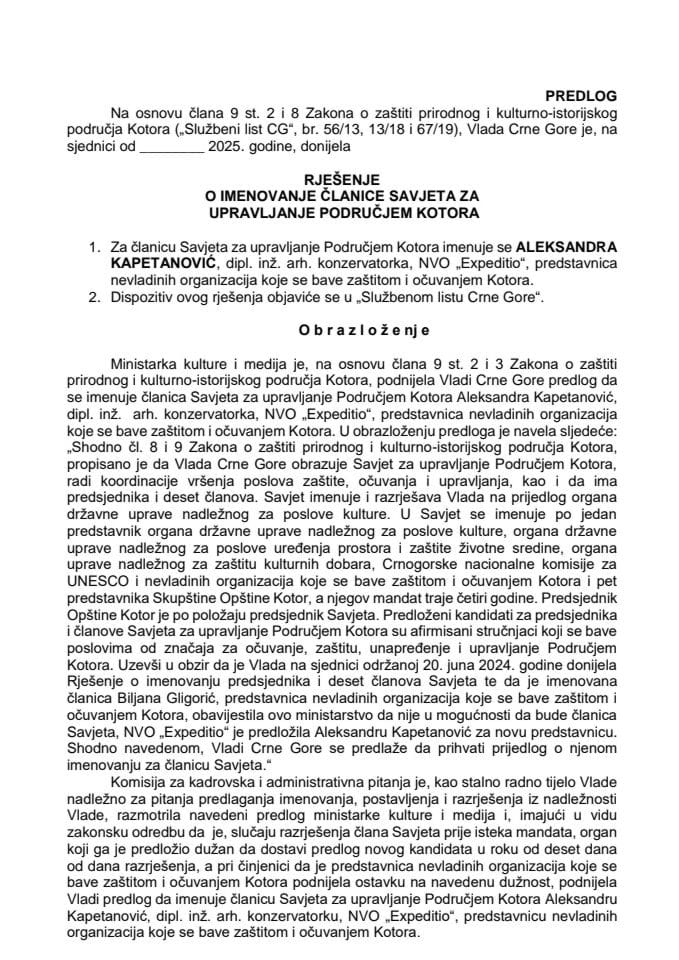 Predloga za imenovanje članice Savjeta za upravljanje Područjem Kotora