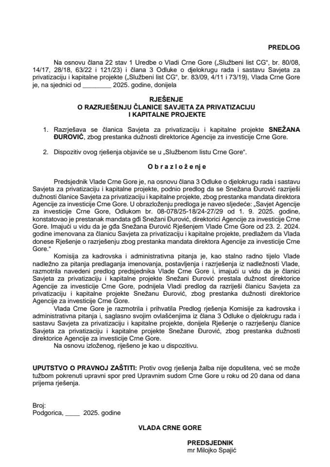 Predlog za razrješenje članice Savjeta za privatizaciju i kapitalne projekte