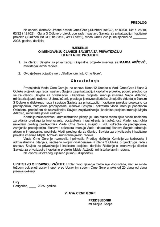 Predlog za imenovanje članice Savjeta za privatizaciju i kapitalne projekte