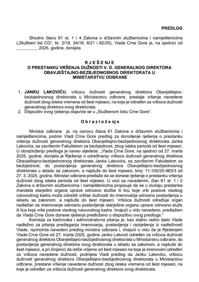 Predlog za prestanak vršenja dužnosti v. d. generalnog direktora Obavještajno-bezbjednosnog direktorata u Ministarstvu odbrane
