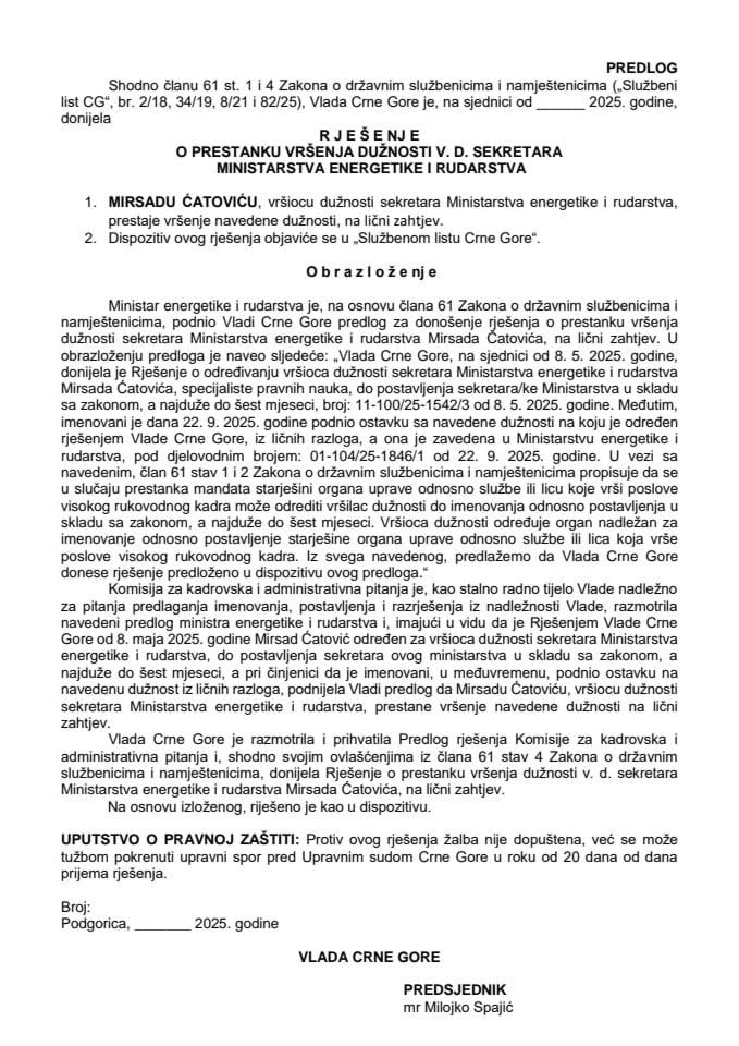 Predlog za prestanak vršenja dužnosti v. d. sekretara Ministarstva energetike i rudarstva