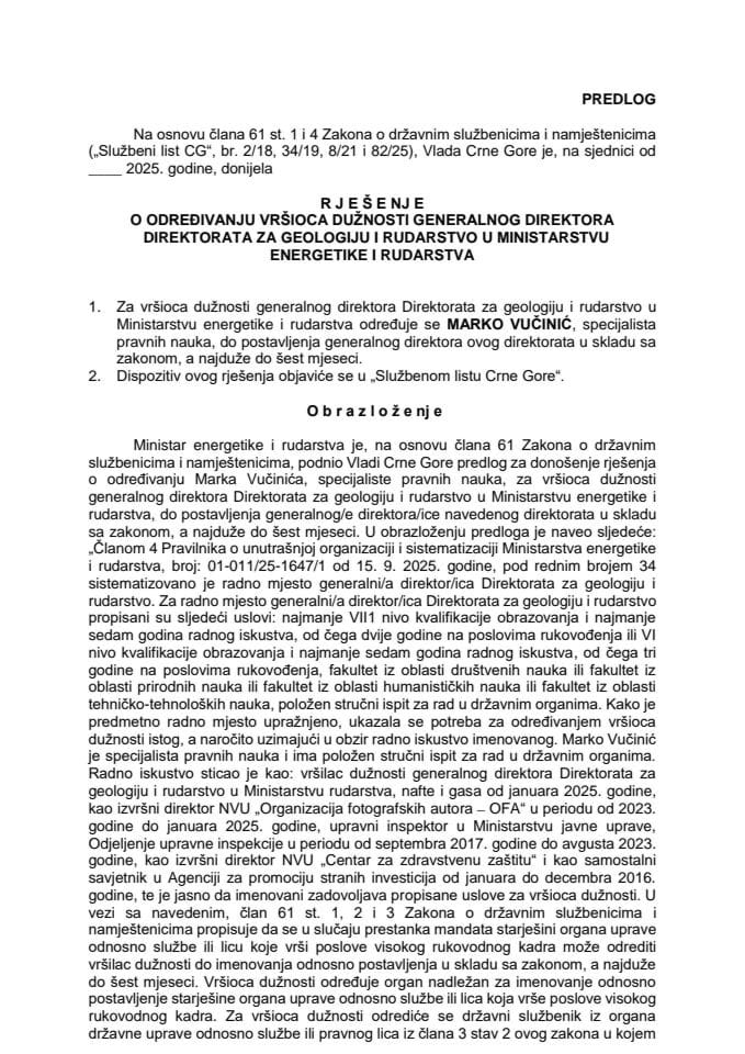 Predlog za određivanje vršioca dužnosti generalnog direktora Direktorata za geologiju i rudarstvo u Ministarstvu energetike i rudarstva