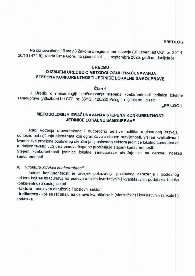 Predlog uredbe o izmjeni Uredbe o metodologiji izračunavanja stepena konkuretnosti jedinice lokalne samouprave