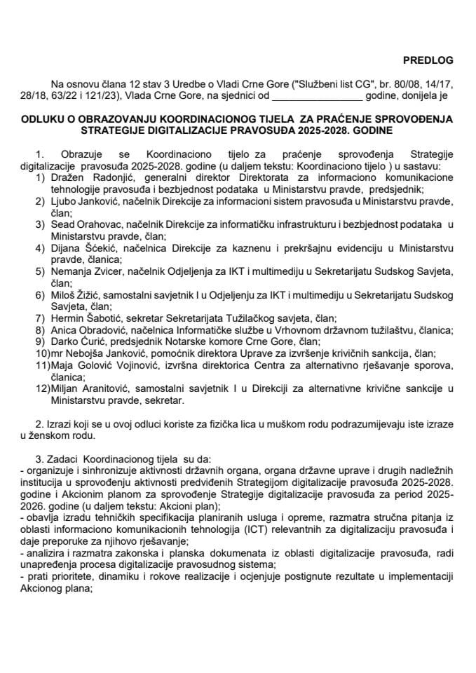 Predlog odluke o obrazovanju Koordinacionog tijela za praćenje sprovođenja Strategije digitalizacije pravosuđa 2025-2028. godine