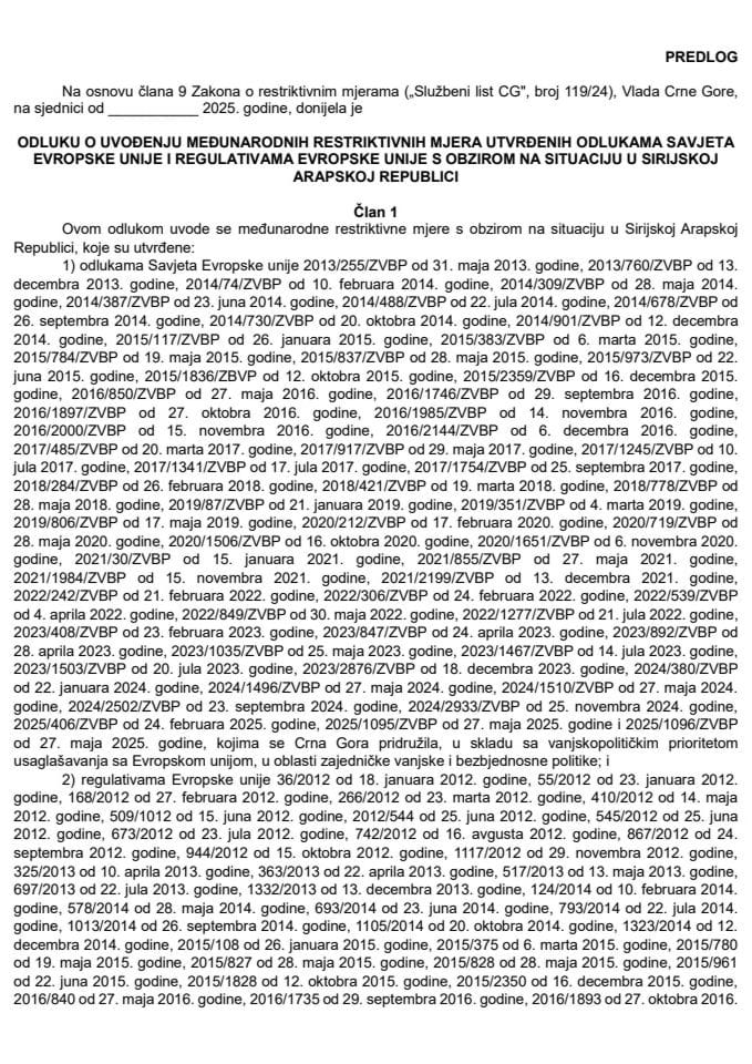 Predlog odluke o uvođenju međunarodnih restriktivnih mjera utvrđenih odlukama Savjeta Evropske unije i regulativama Evropske unije s obzirom na situaciju u Sirijskoj Arapskoj Republici